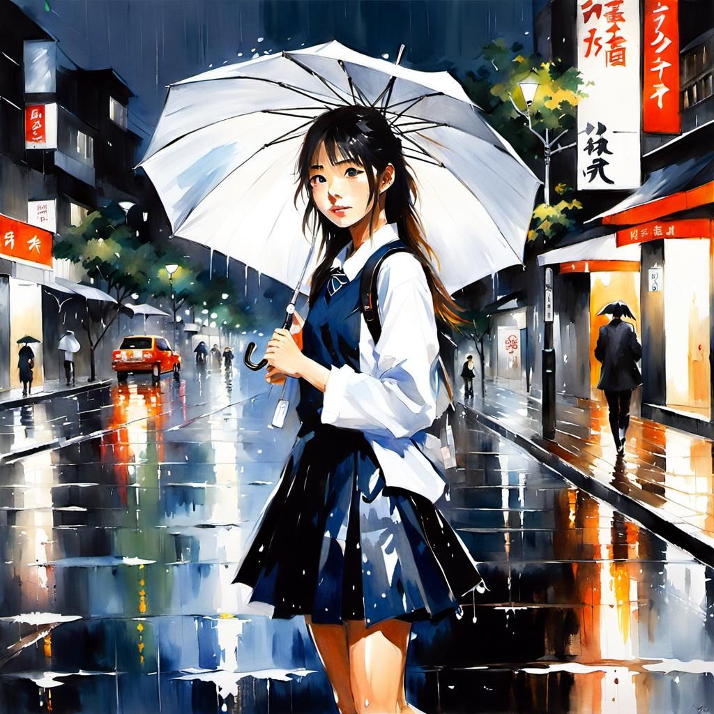 Japanese Schoolgirl in Rainy Tokyo: Watercolor Painting