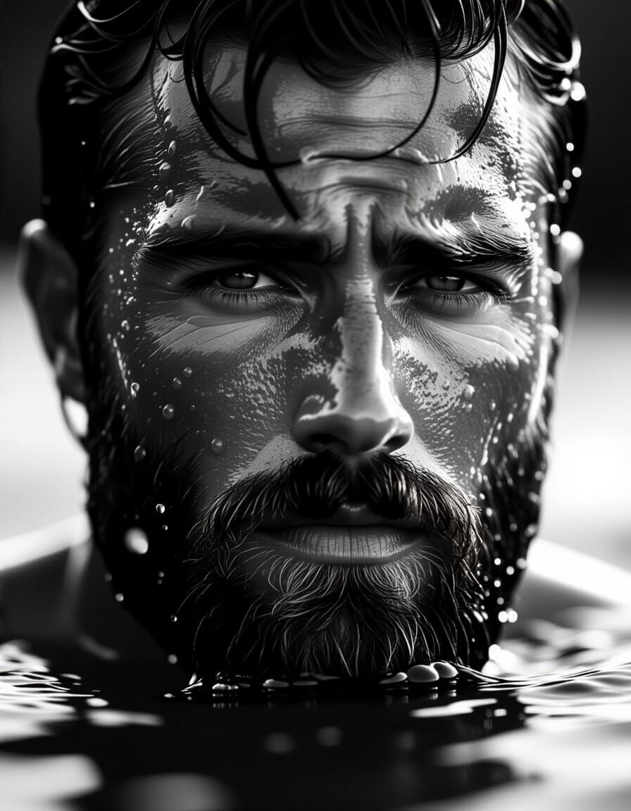 Dramatic B&W Portrait of Man Emerging from Water