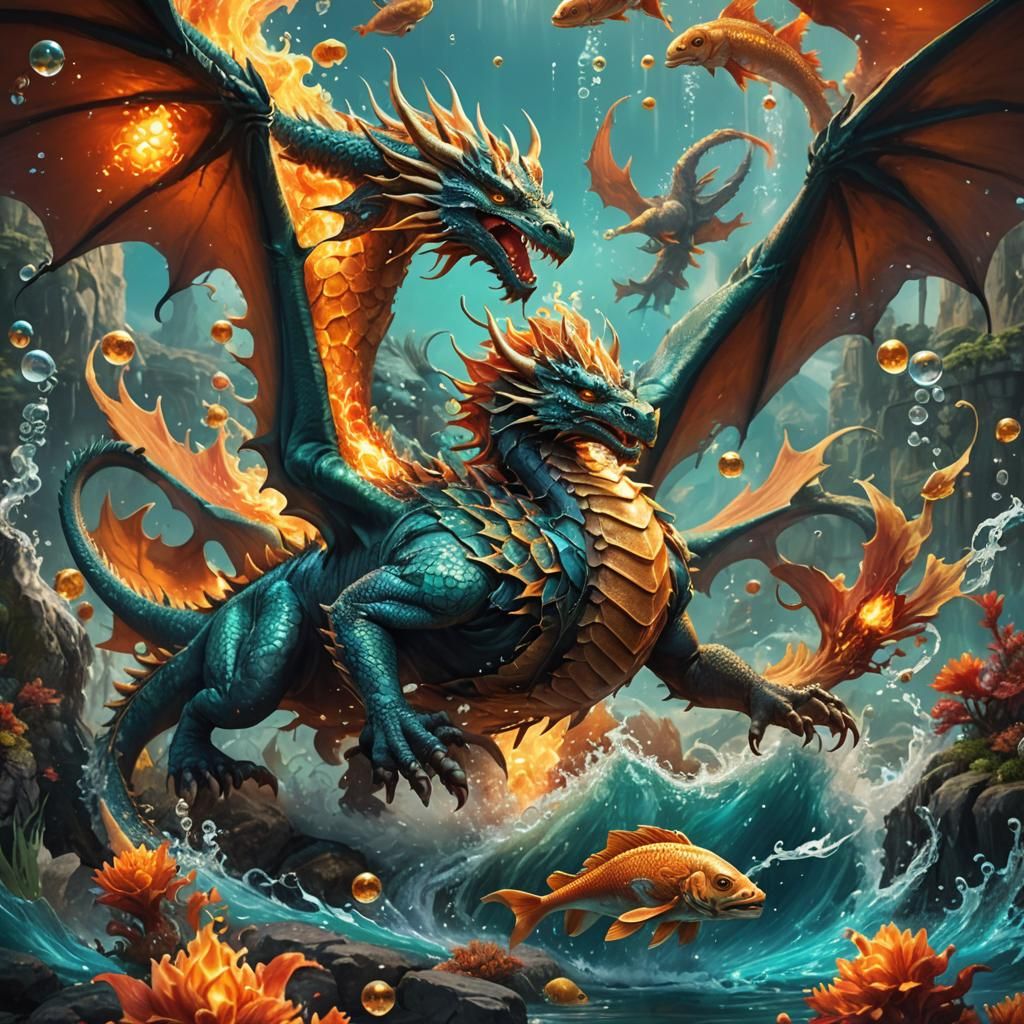 Underwater Dragon with Phoenix Wings, Fantasy Concept Art