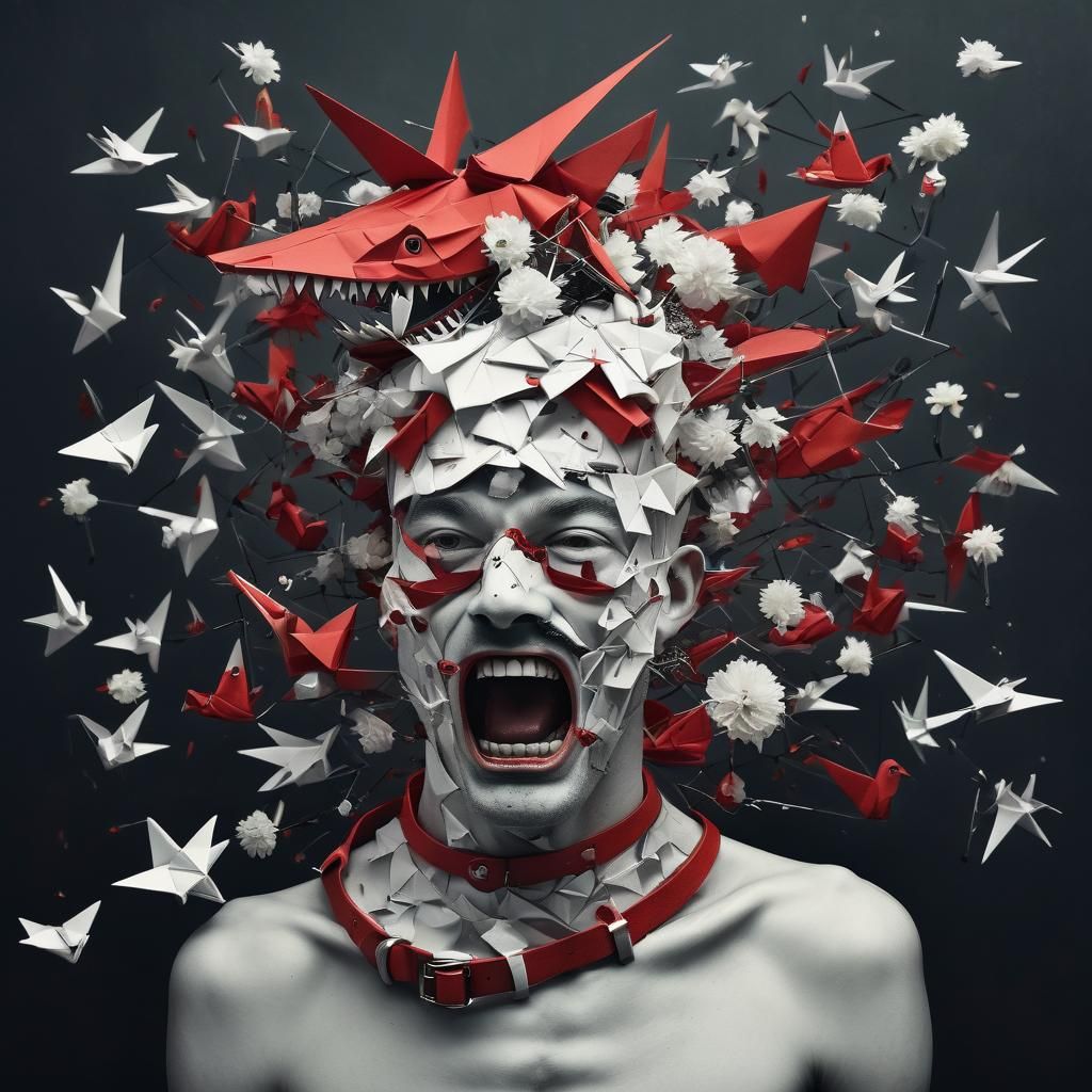 Surreal Portrait with Origami Birds and Sharp Teeth