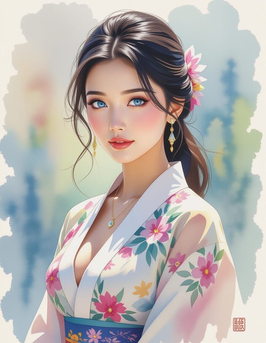 Indonesian Woman in Watercolor Landscape, Anime Style