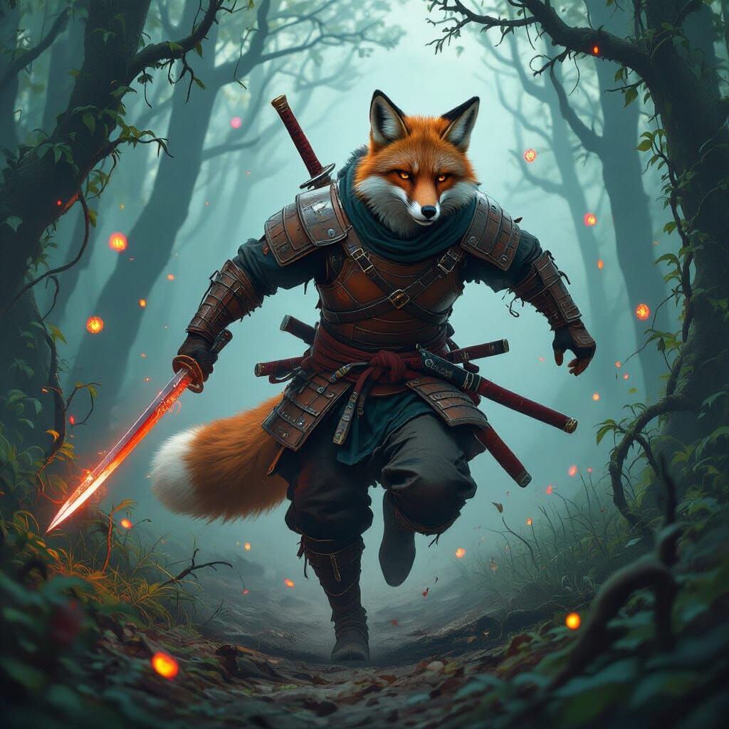 Fox-Man Warrior in Misty Forest, Dark Fantasy Style