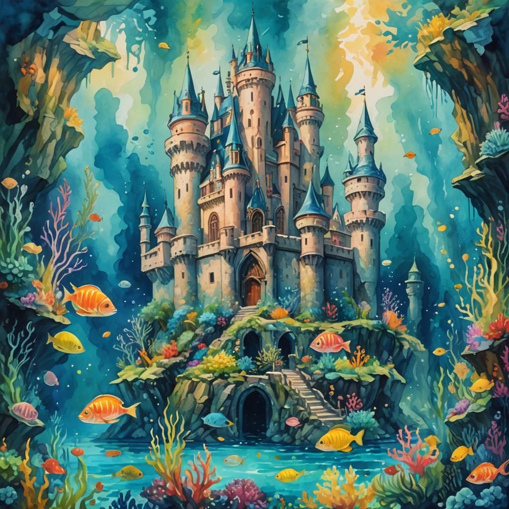 Dreamlike Underwater Castle in Gouache Style