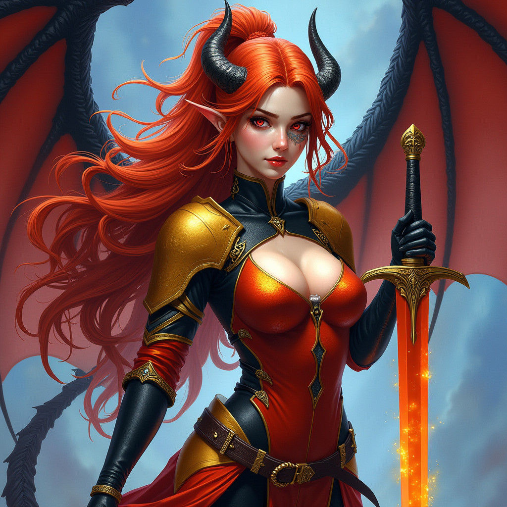 Dragon Woman with Fiery Sword in Epic Fantasy Style