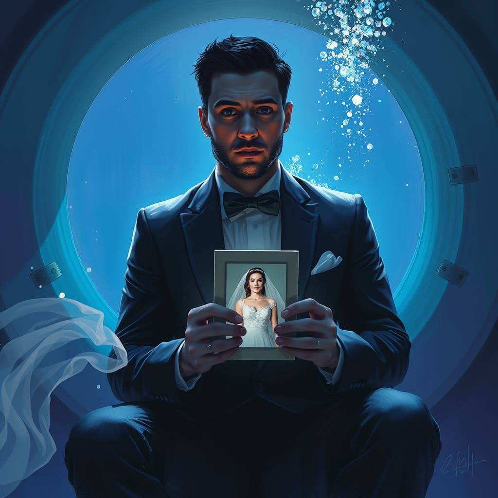 Underwater Groom Remembering Bride, Digital Painting