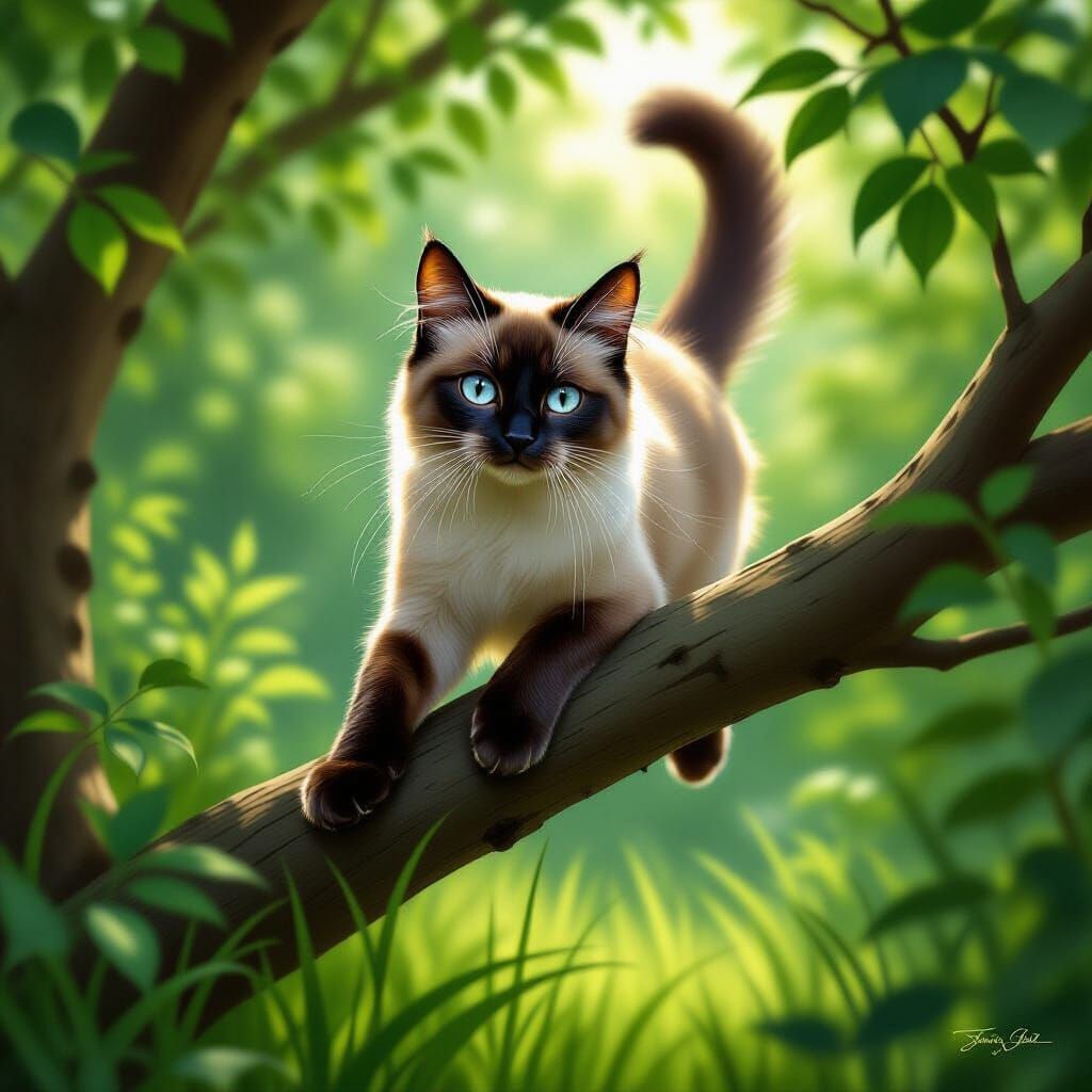 Siamese Cat Leaping Through Lush Foliage