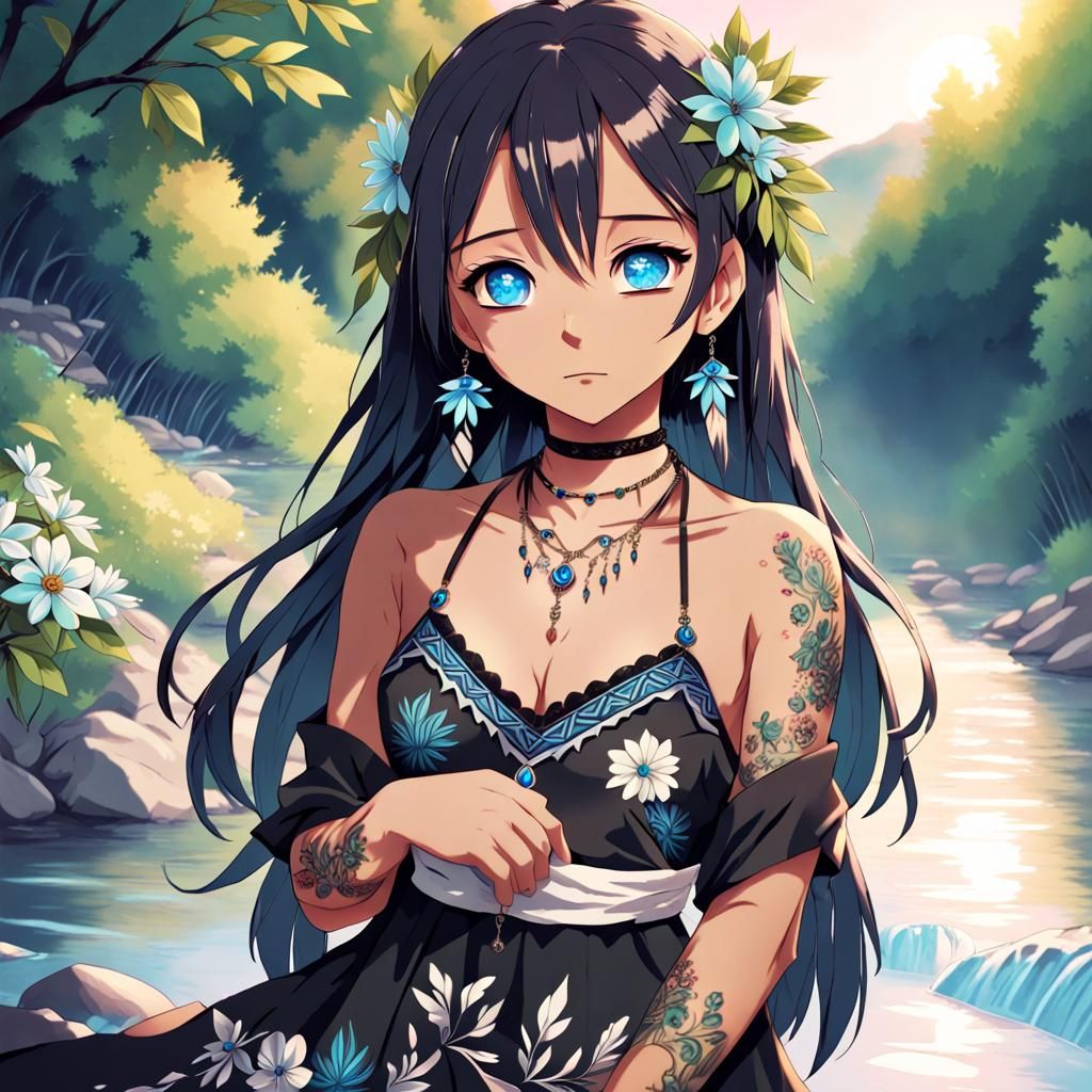 Native American Woman with Tattoos in Anime Style