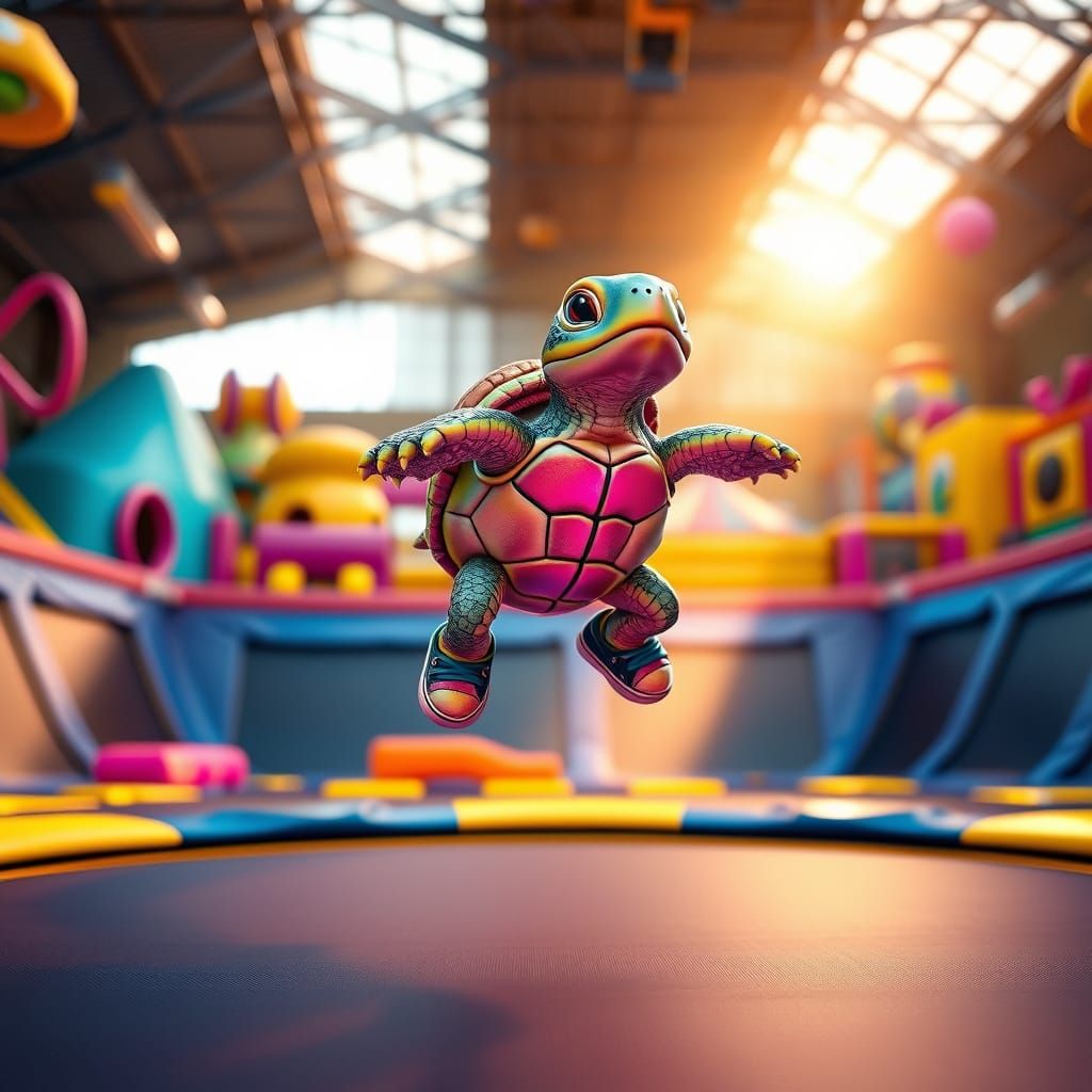 Whimsical Baby Turtle Soars Above Trampoline Park