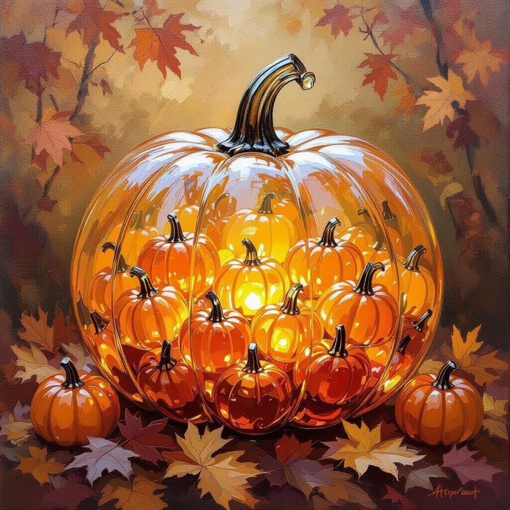 Glass Pumpkin Filled With Mini Pumpkins in Autumn Leaves