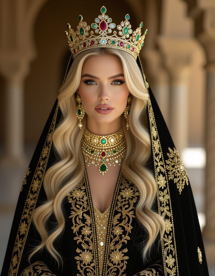 Regal Blonde Woman in Jeweled Abaya and Crown