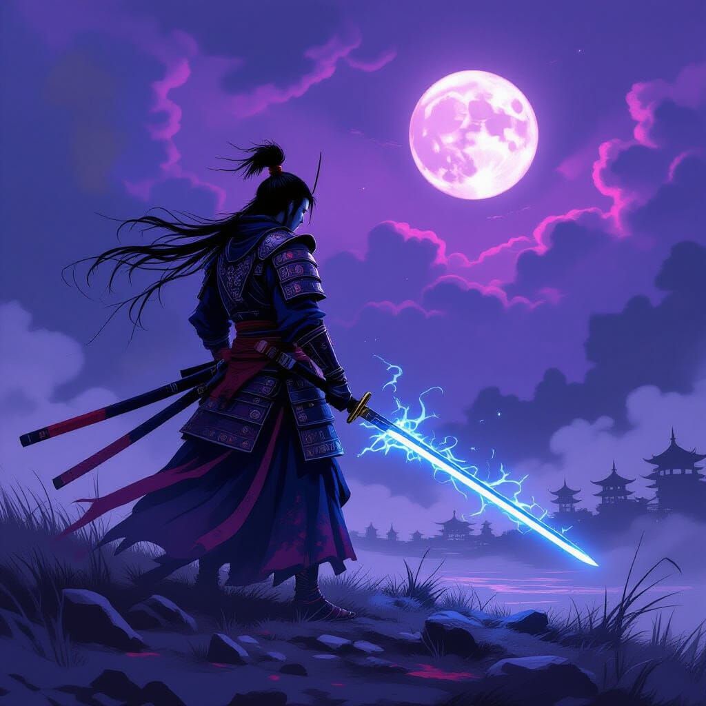 Samurai Warrior on Battlefield Under Stormy Sky