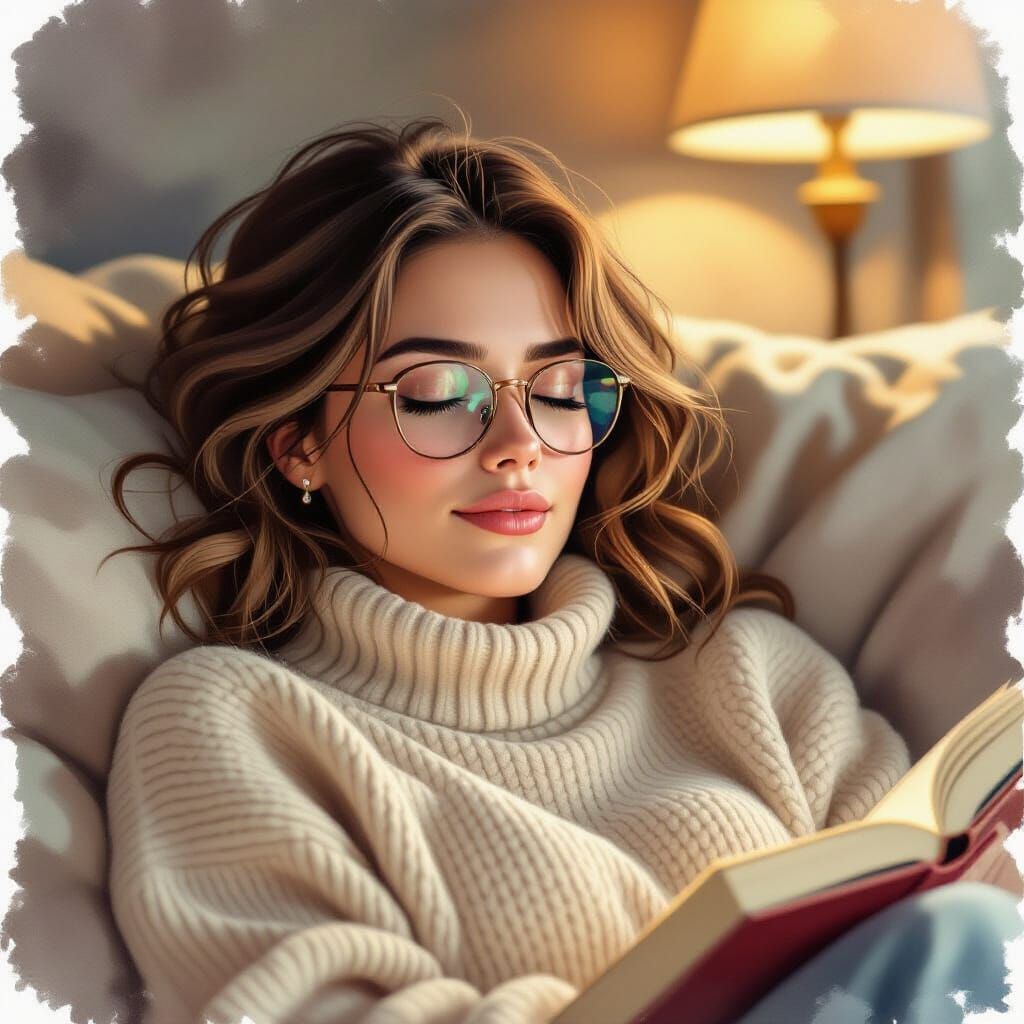 Woman Falling Asleep Reading, Glasses on Nose