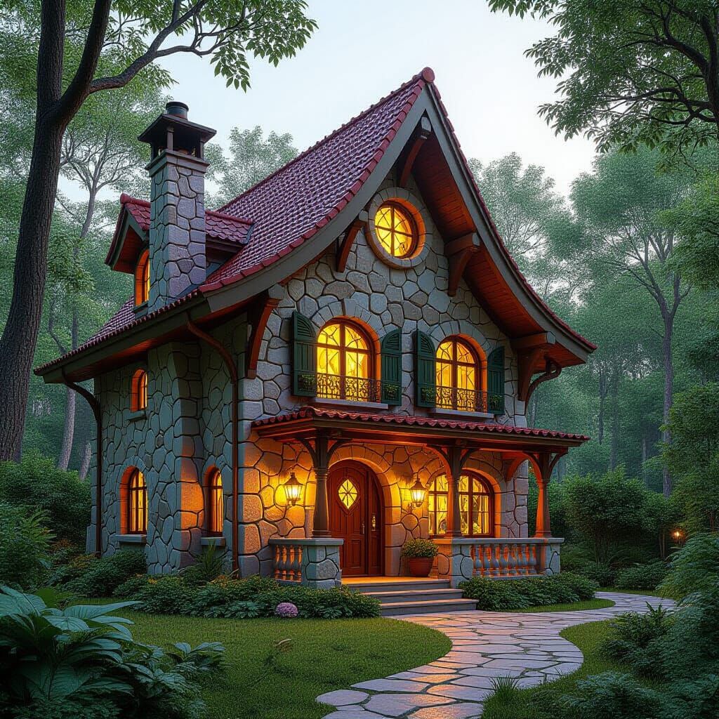 Whimsical Gemstone House with Lush Greenery