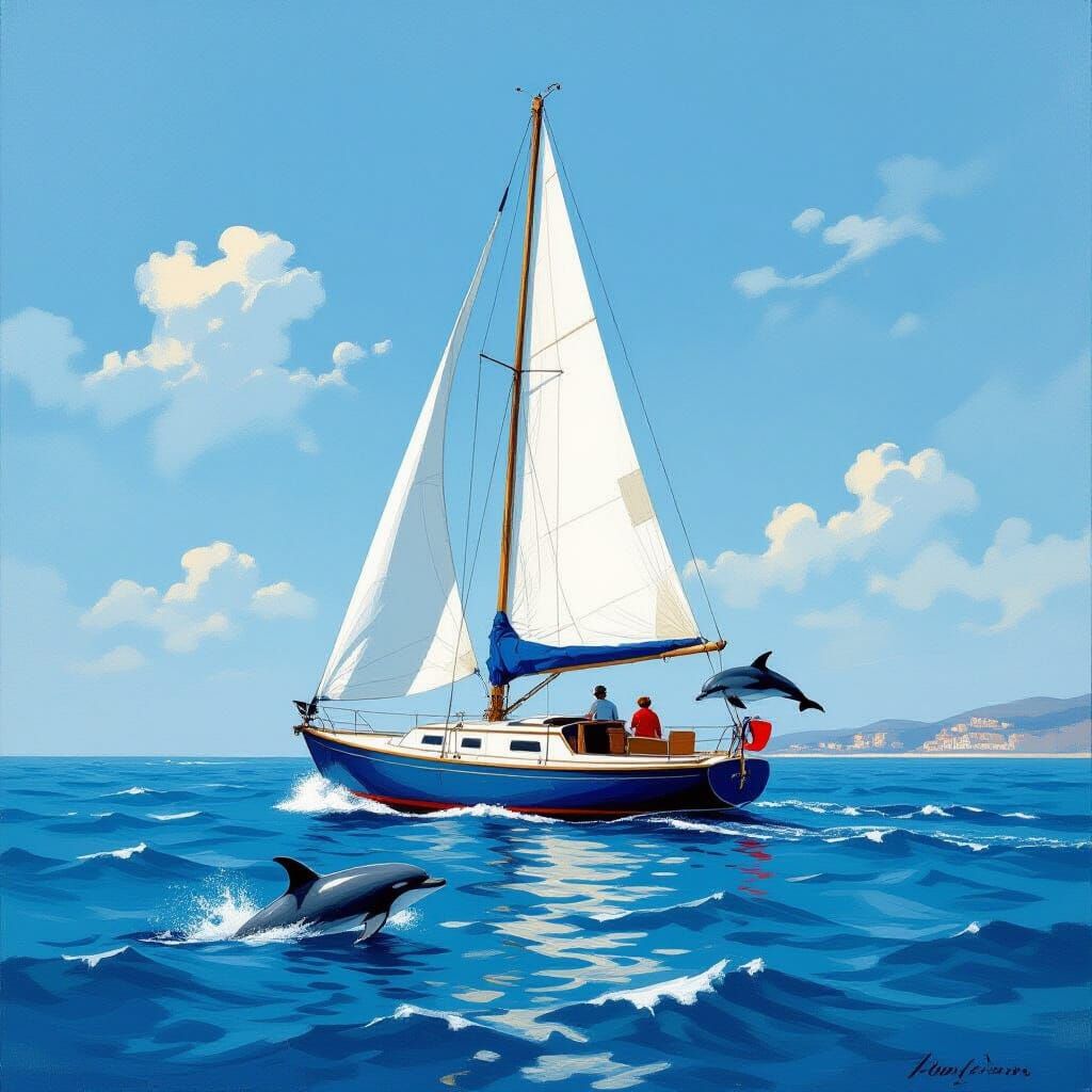 Blue and White Sailboat with Dolphin in Impressionist Style