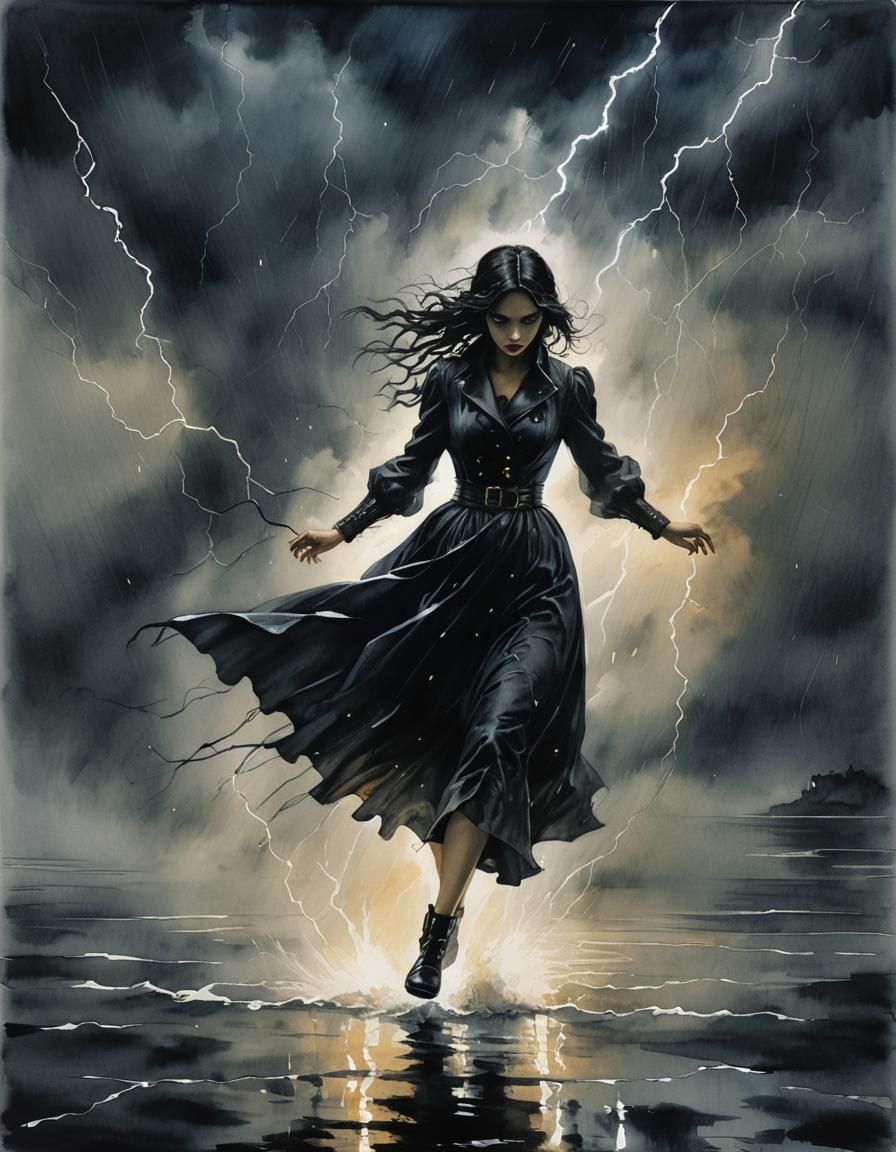 Gothic Woman in Stormy Night Watercolor