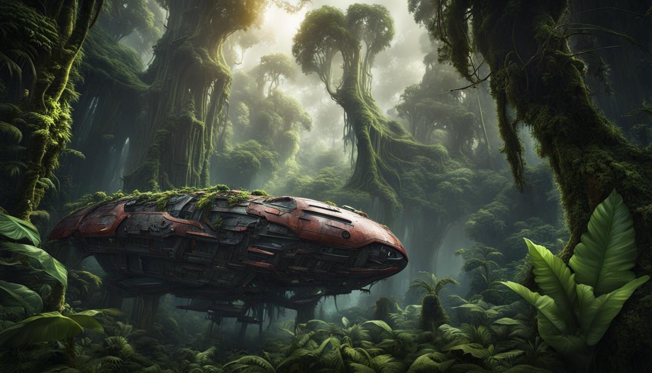 Crashed Spaceship in Rainforest: Detailed Matte Painting