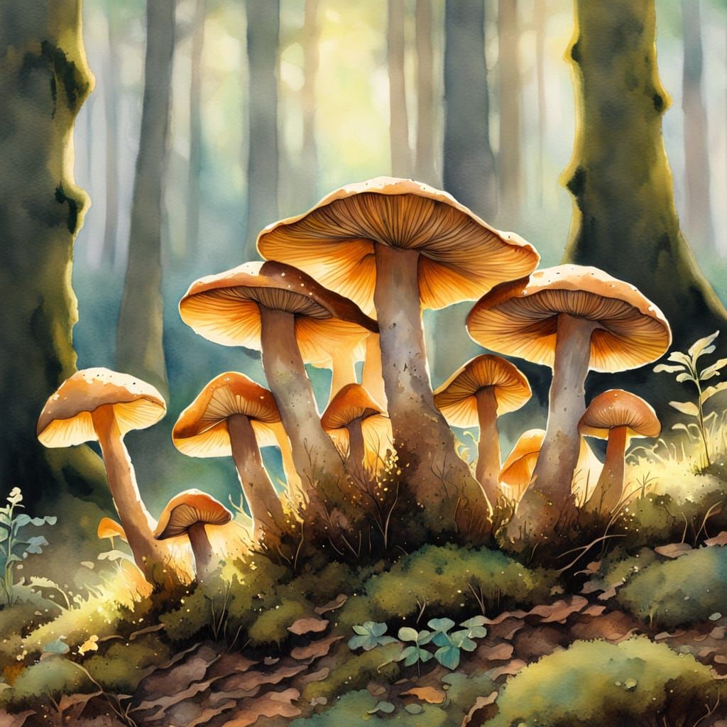 Watercolour Forest Scene with Chantrelle Mushrooms
