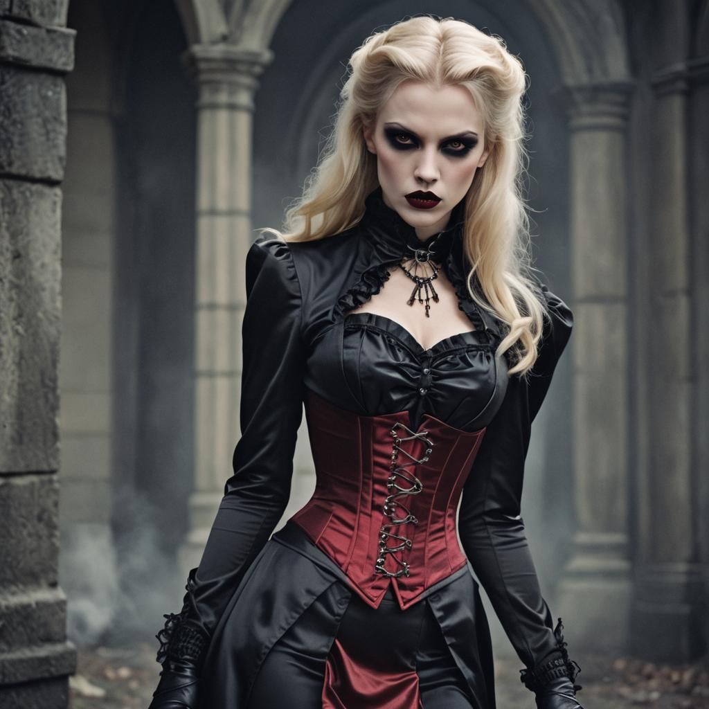 Beautiful Blonde Vampiress in Dark Castle, Photorealistic