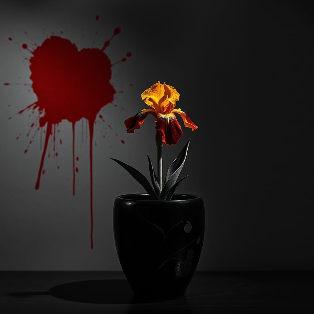 mid shot. Film noir greyscale a single black adorned porcela...