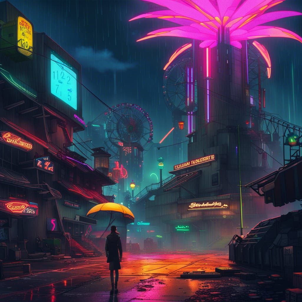 Cyberpunk Steamboat Graveyard with Neon Ruins