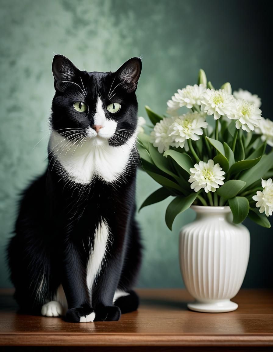 Elegant Tuxedo Cat in Black and White Photography