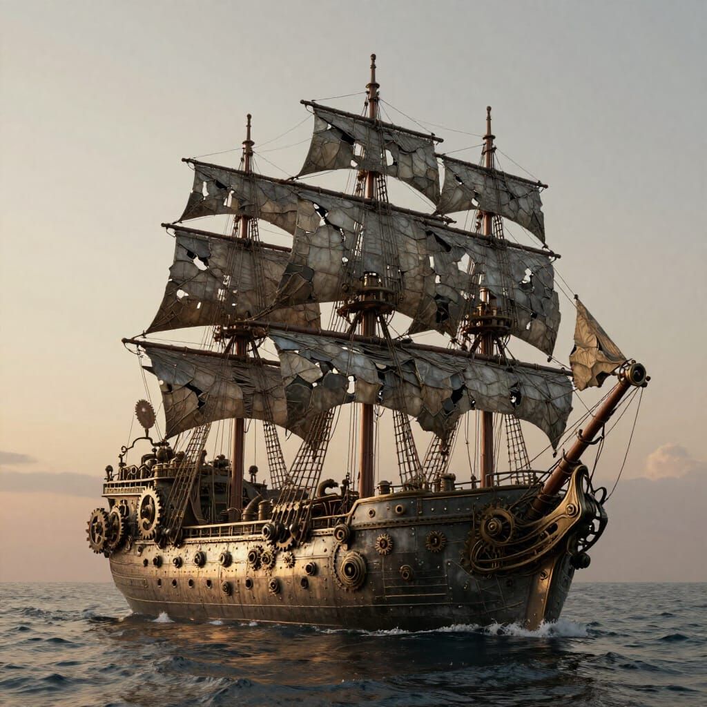 Steampunk Sailing Ship on Tranquil Sea