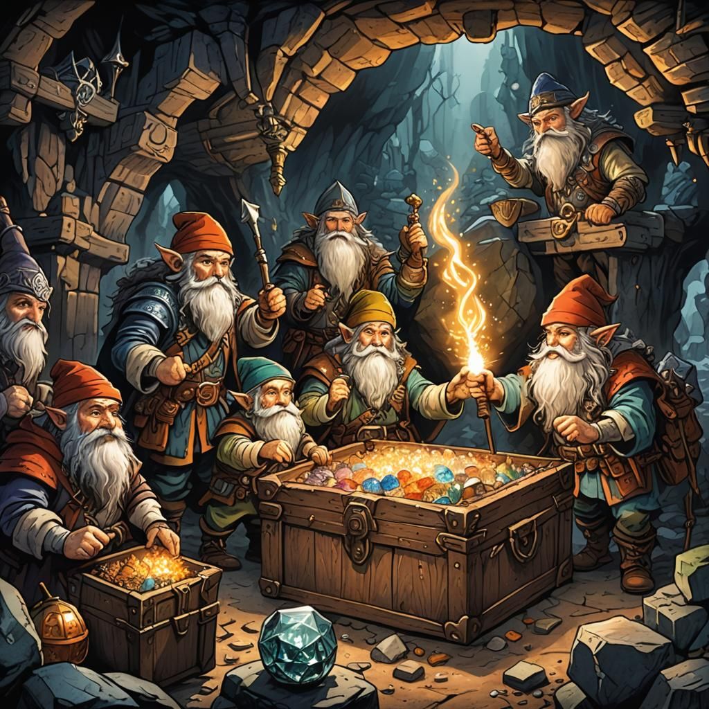 Dwarves Discover Wand in Cave, Retro D&D Art