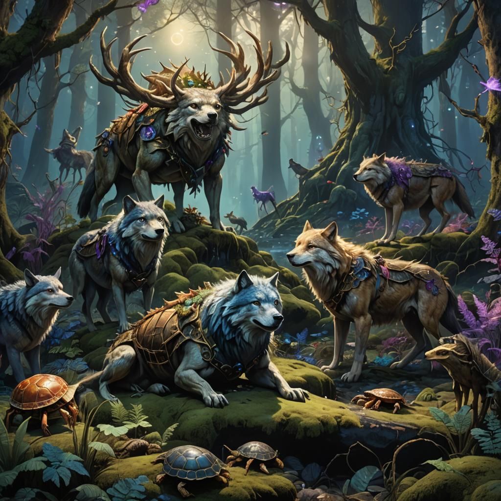 Wolves and Turtle Crab: Mystical Forest Guardians