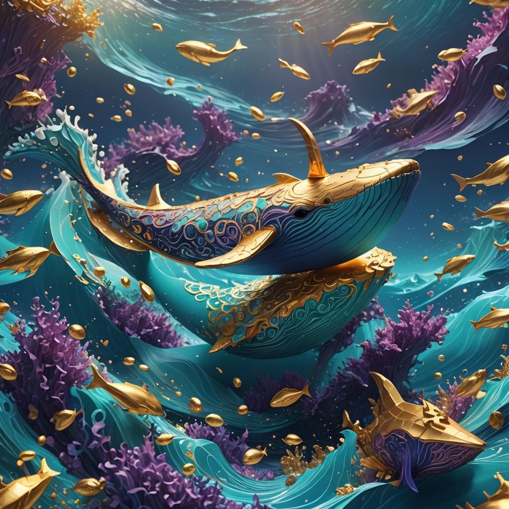 Paper Whale Swims in Vibrant Ocean: Fantasy Art