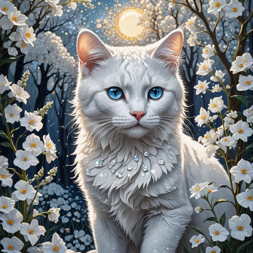 Crystalline Cat with Larkspur in Art Nouveau Style