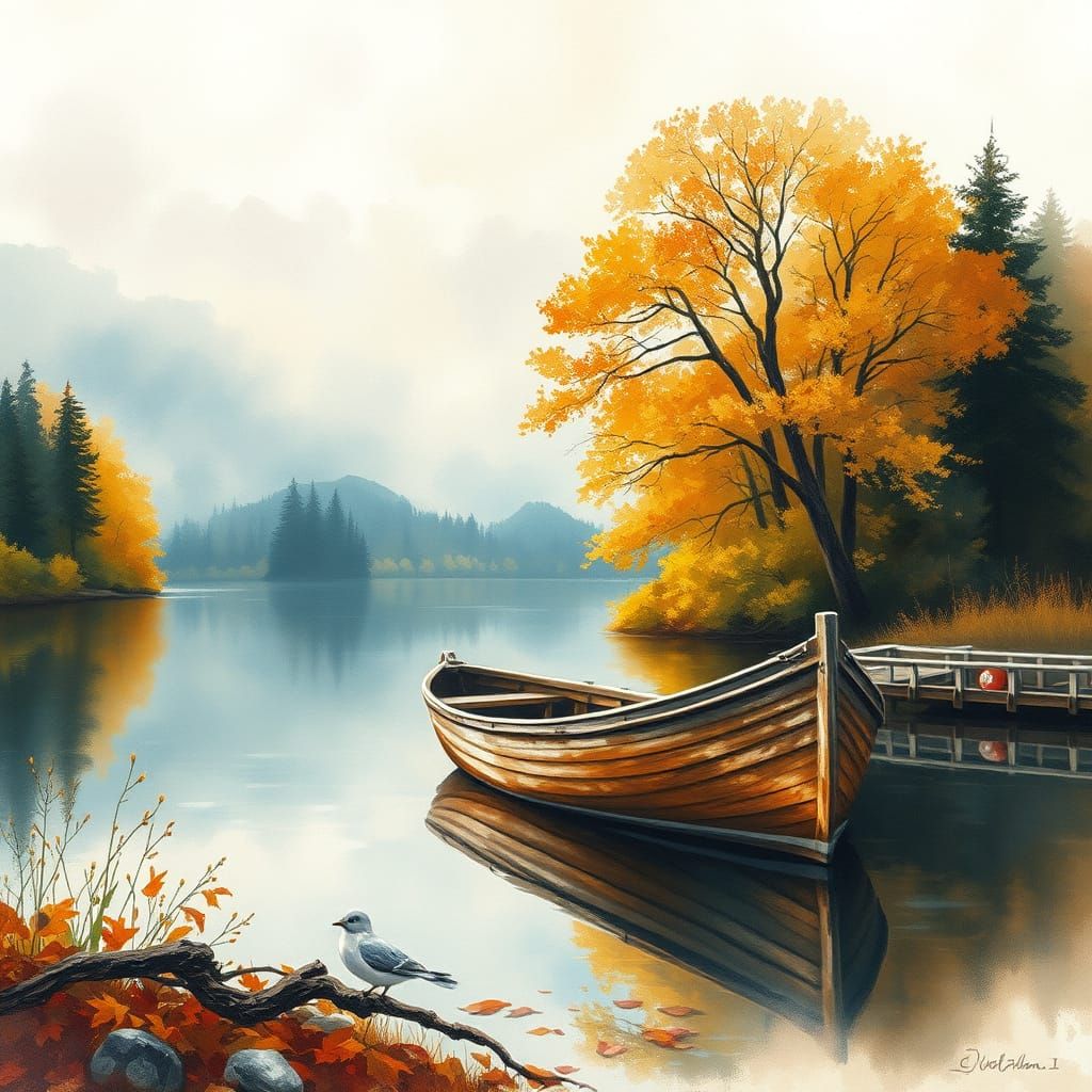 Autumnal Watercolor Boat Scene