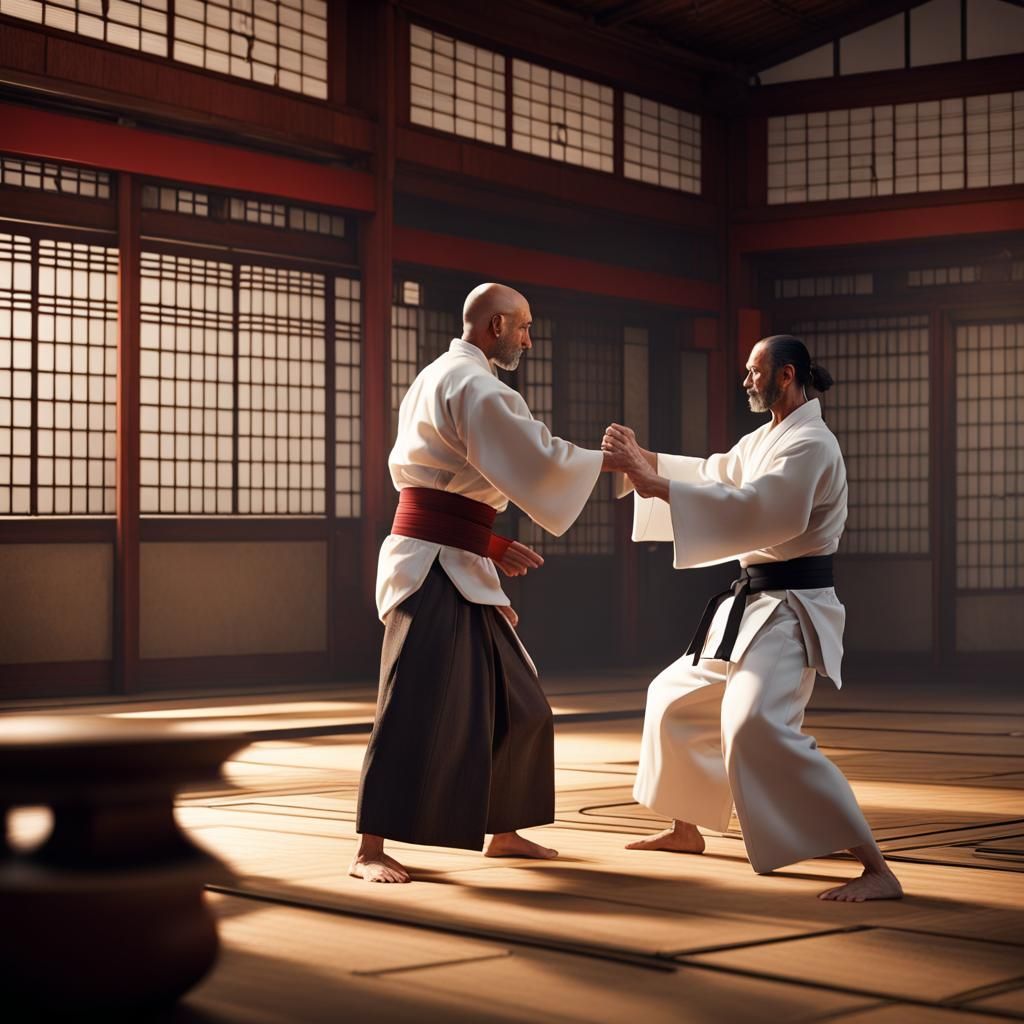 Sensei Trains Aikido Student: Detailed Matte Painting