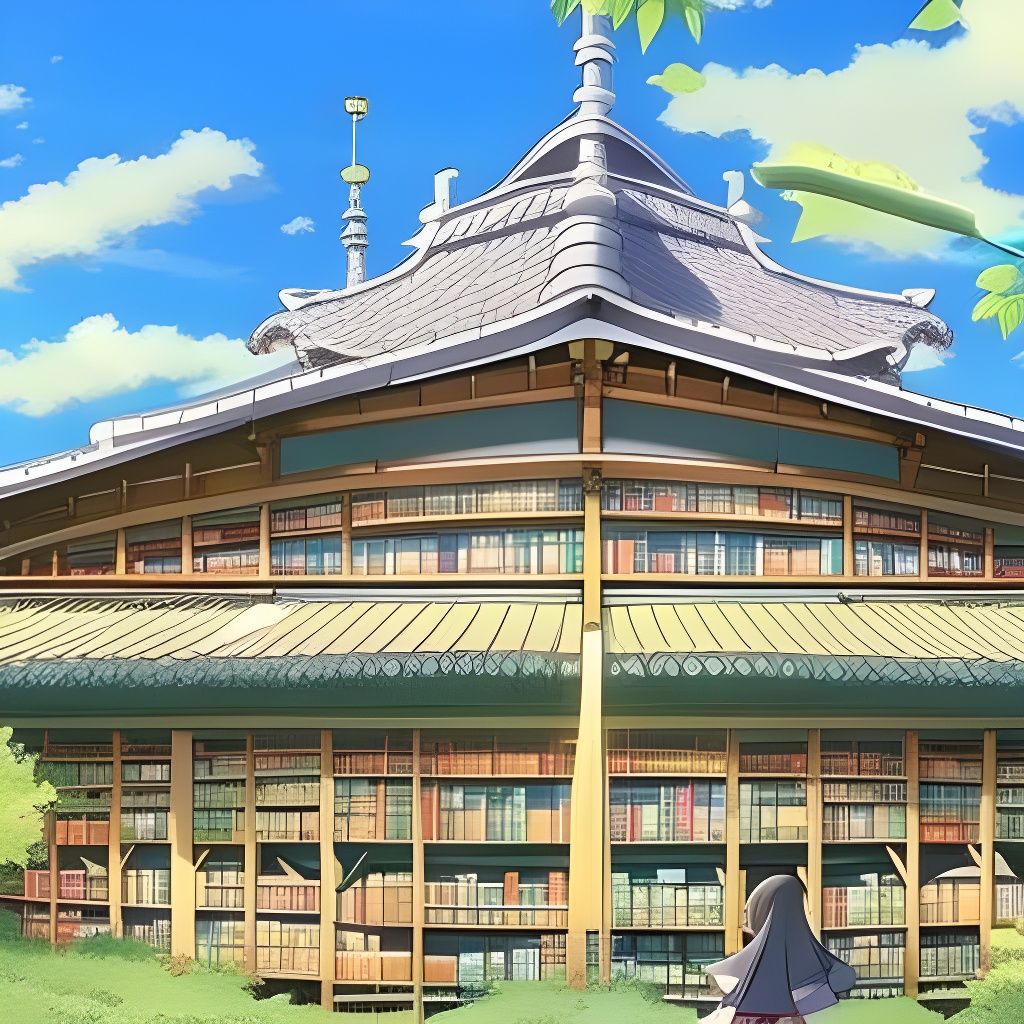 Ghibli-Style Library Overlooking Garden and Sea