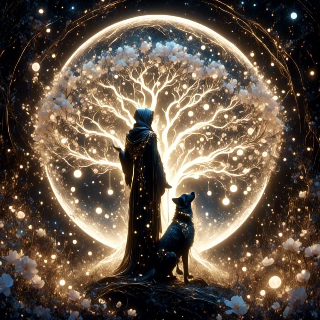 Enchanted Wise Man with Crystal Ball in Cosmic Scene