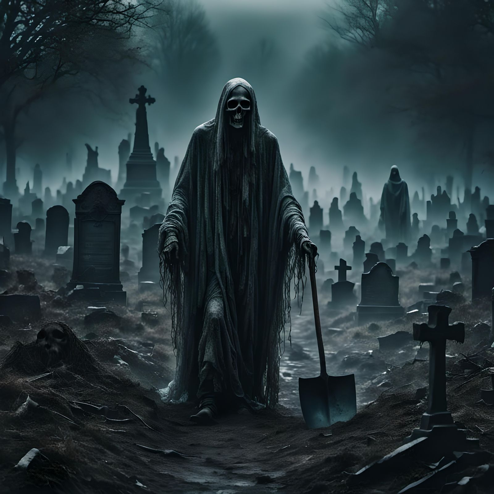 Spooky Grey Man with Shovel in Cinematic Lighting