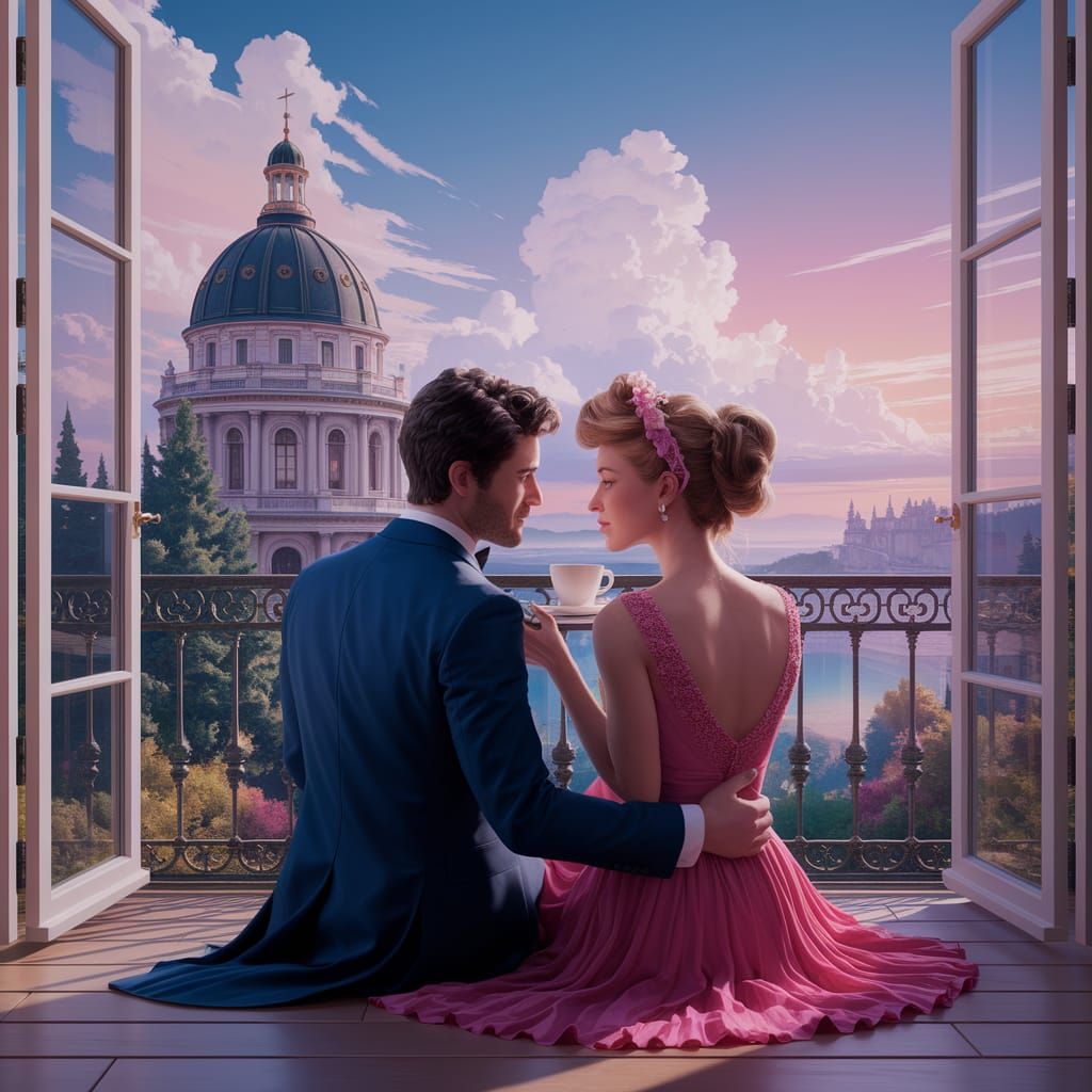 Romantic Couple on Balcony in 1980s French Style