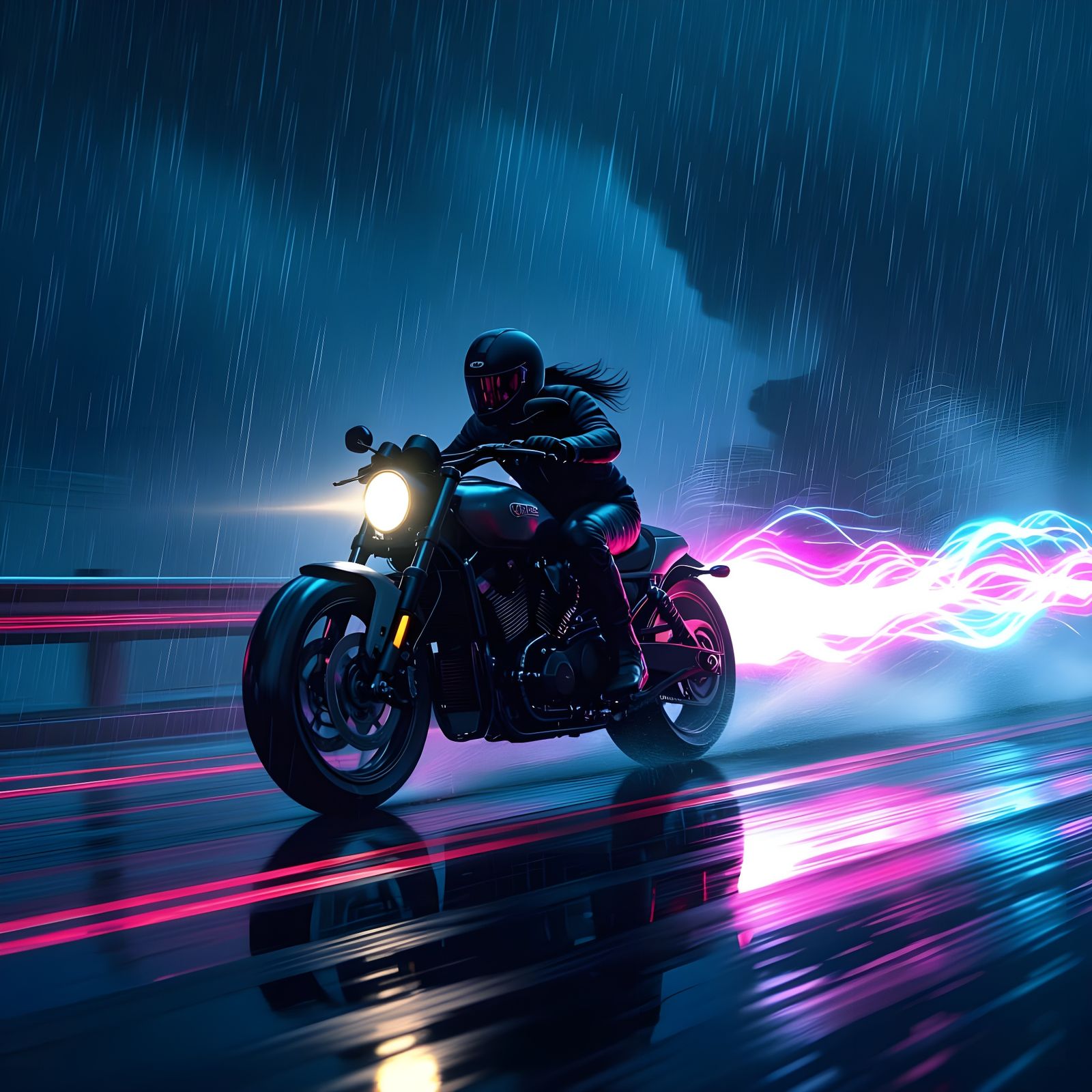 Motorcycle Rider in Glowing Light Trail During Rainstorm