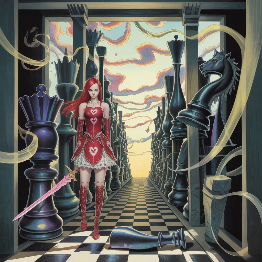 Red Queen Warrior on Chess Battlefield, Ethereal Art