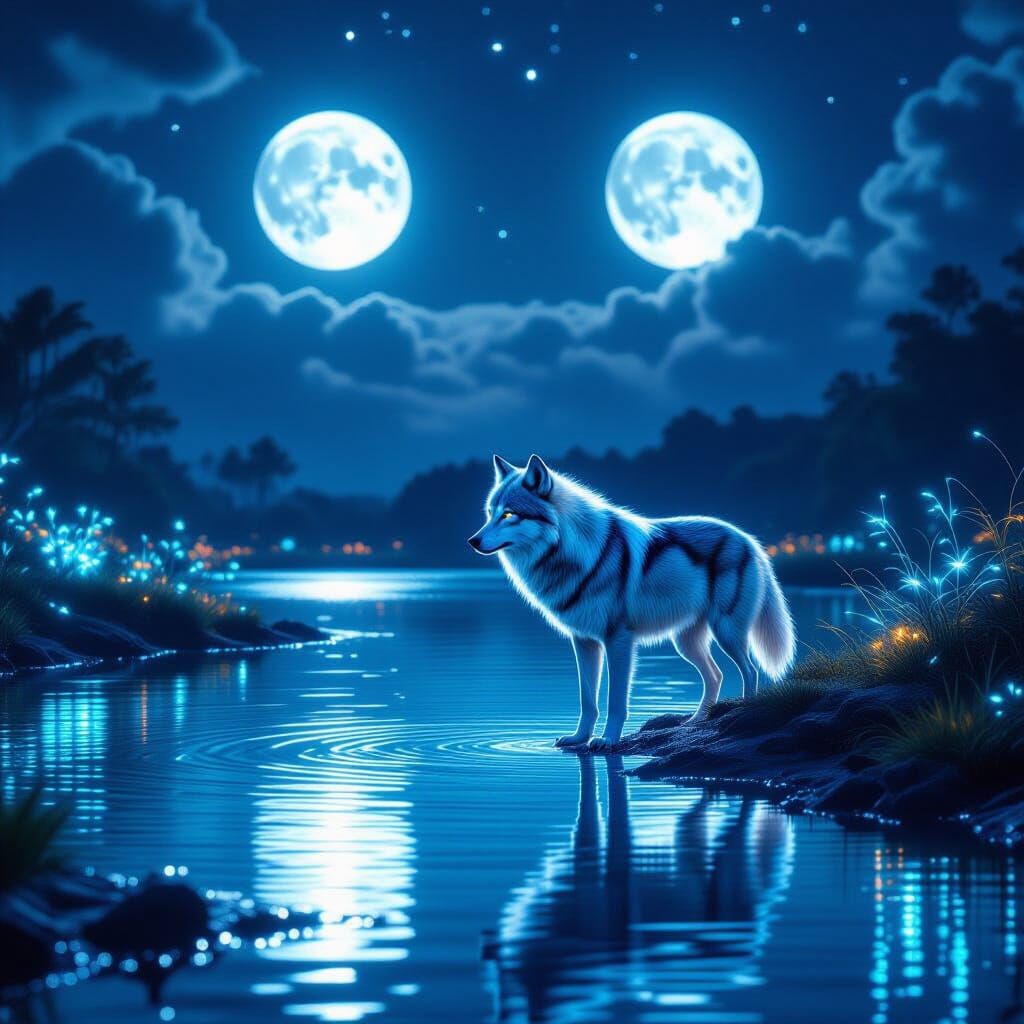 Bioluminescent Wolf by Alien Lagoon Under Twin Moons