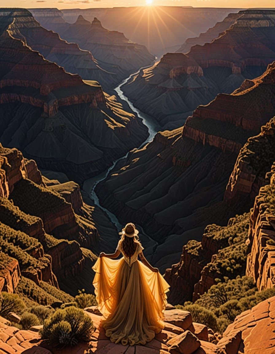 Blonde Woman Descends Grand Canyon by Parachute in Black Dre...