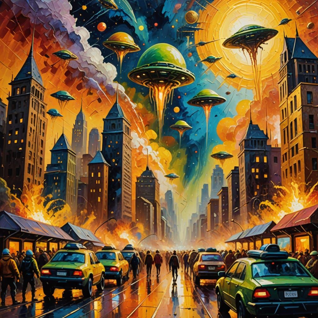 Aliens Invade City in Expressionist Oil Painting