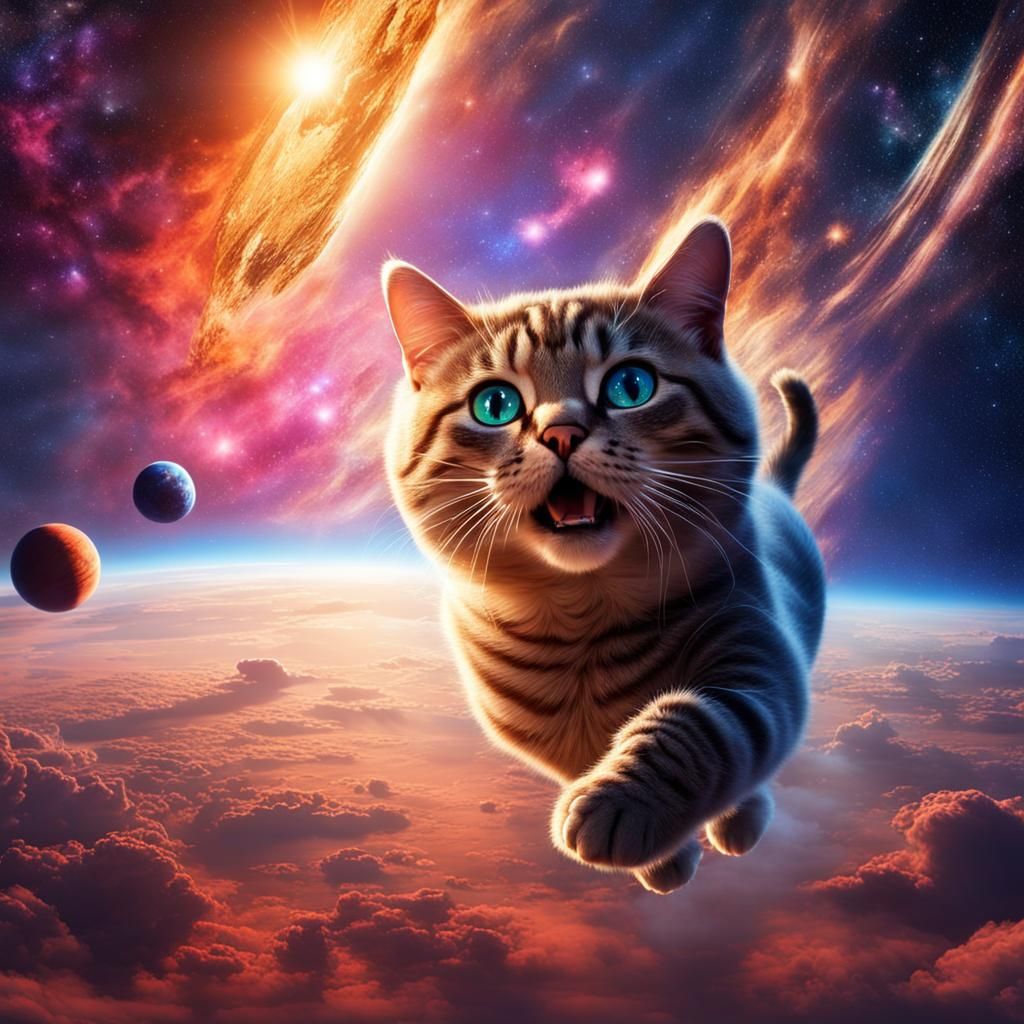 Cosmic Cat Soaring Through Galaxy at Sunrise
