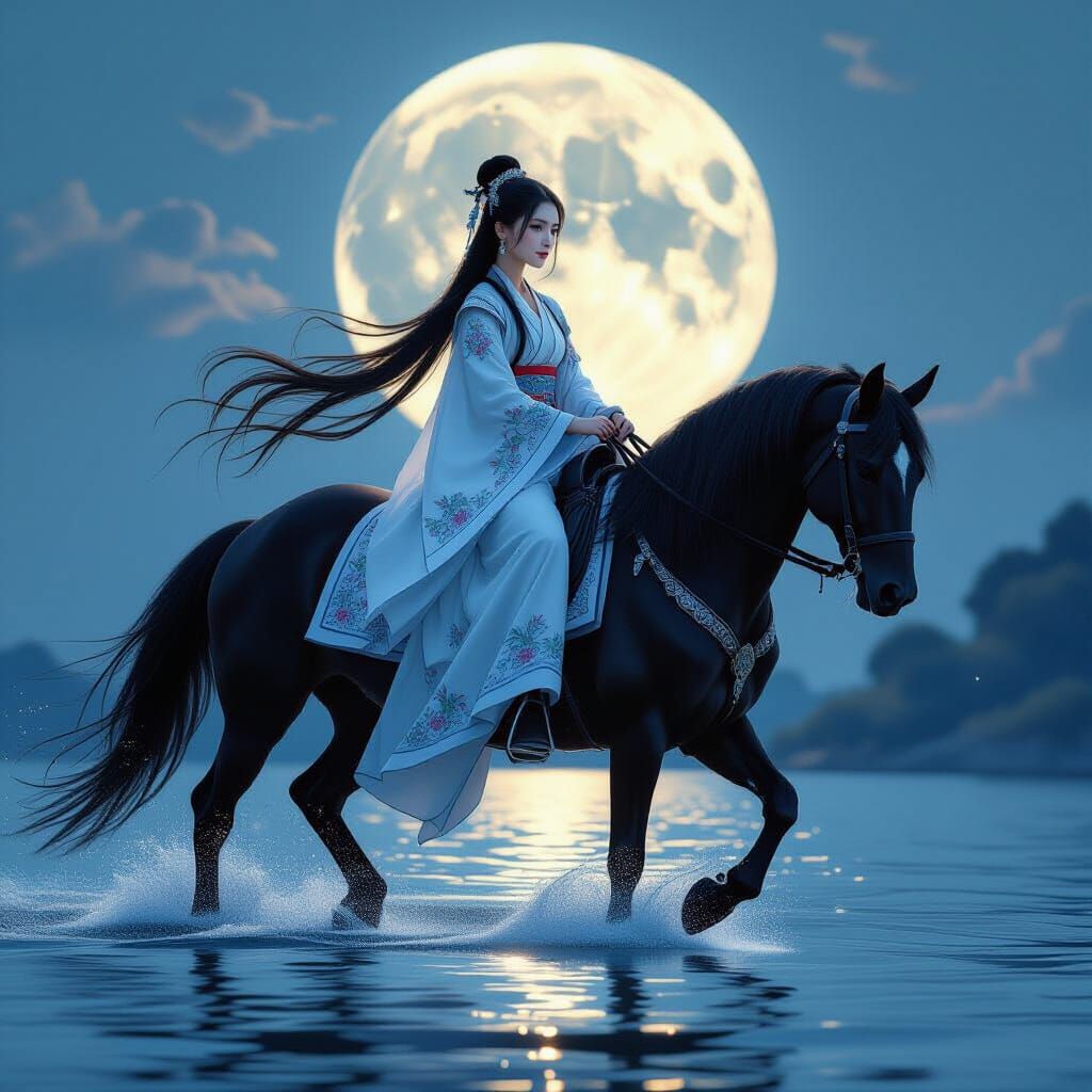 Hanfu Girl and Black Stallion Walking on Water