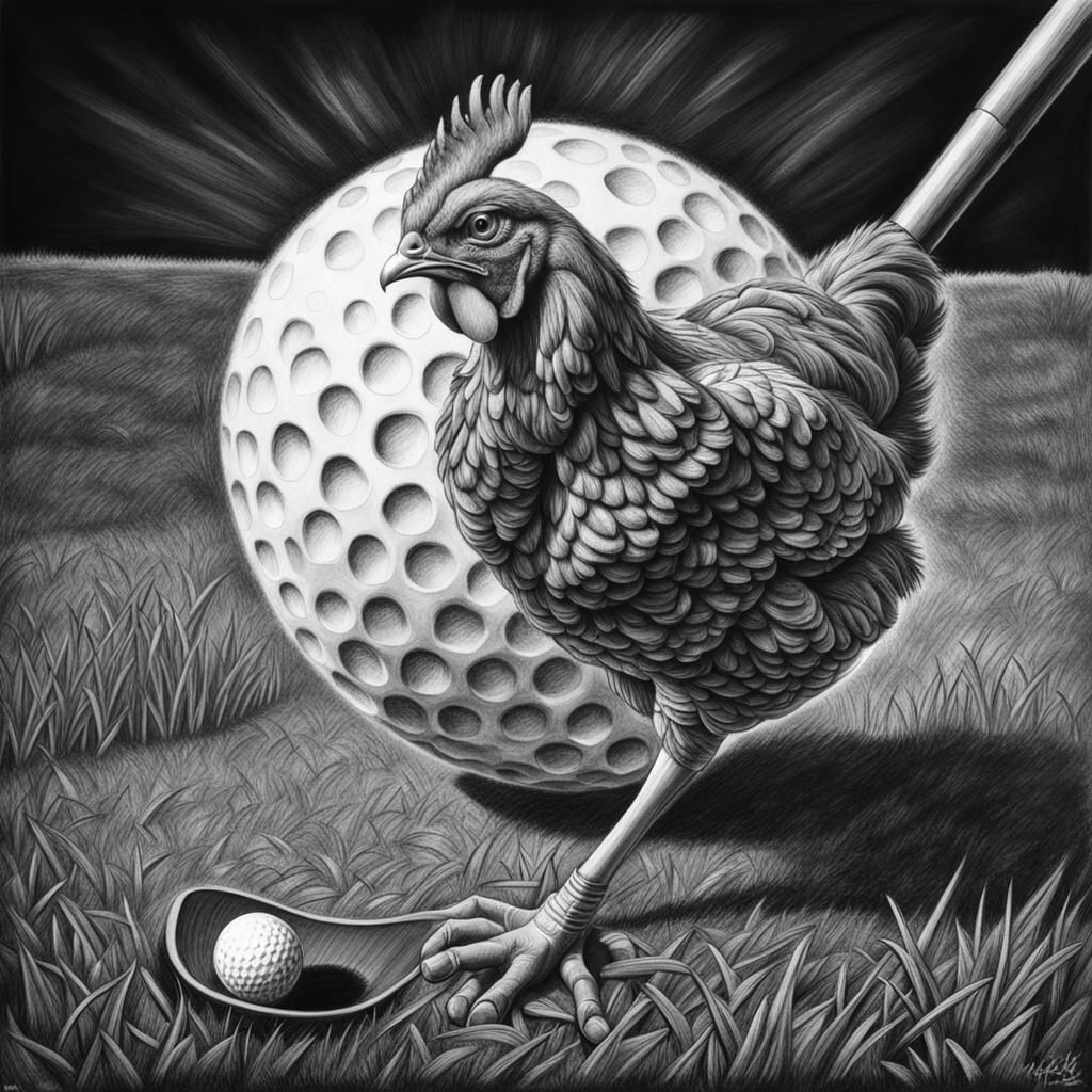Roasted Chicken Plays Golf: Hyperdetailed Charcoal Drawing
