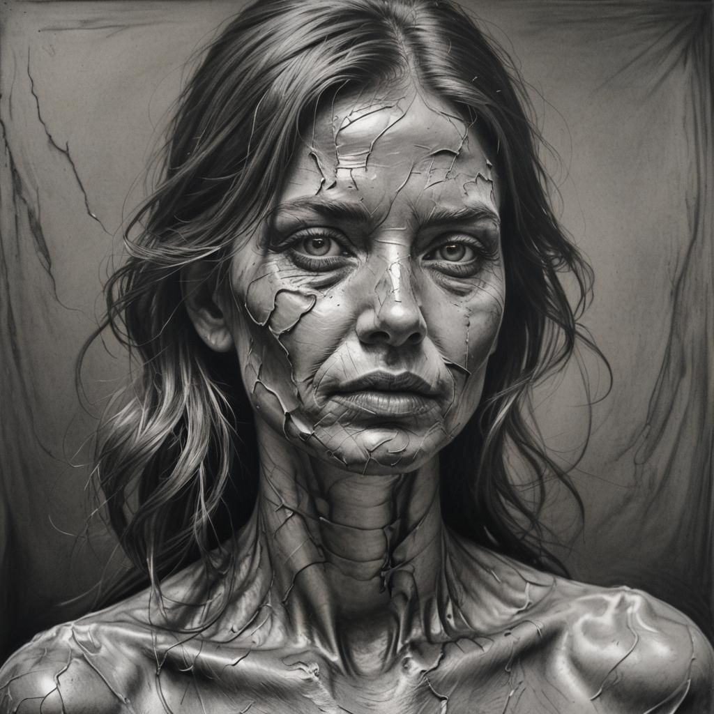 Oiled Model in Hyperdetailed Charcoal Drawing
