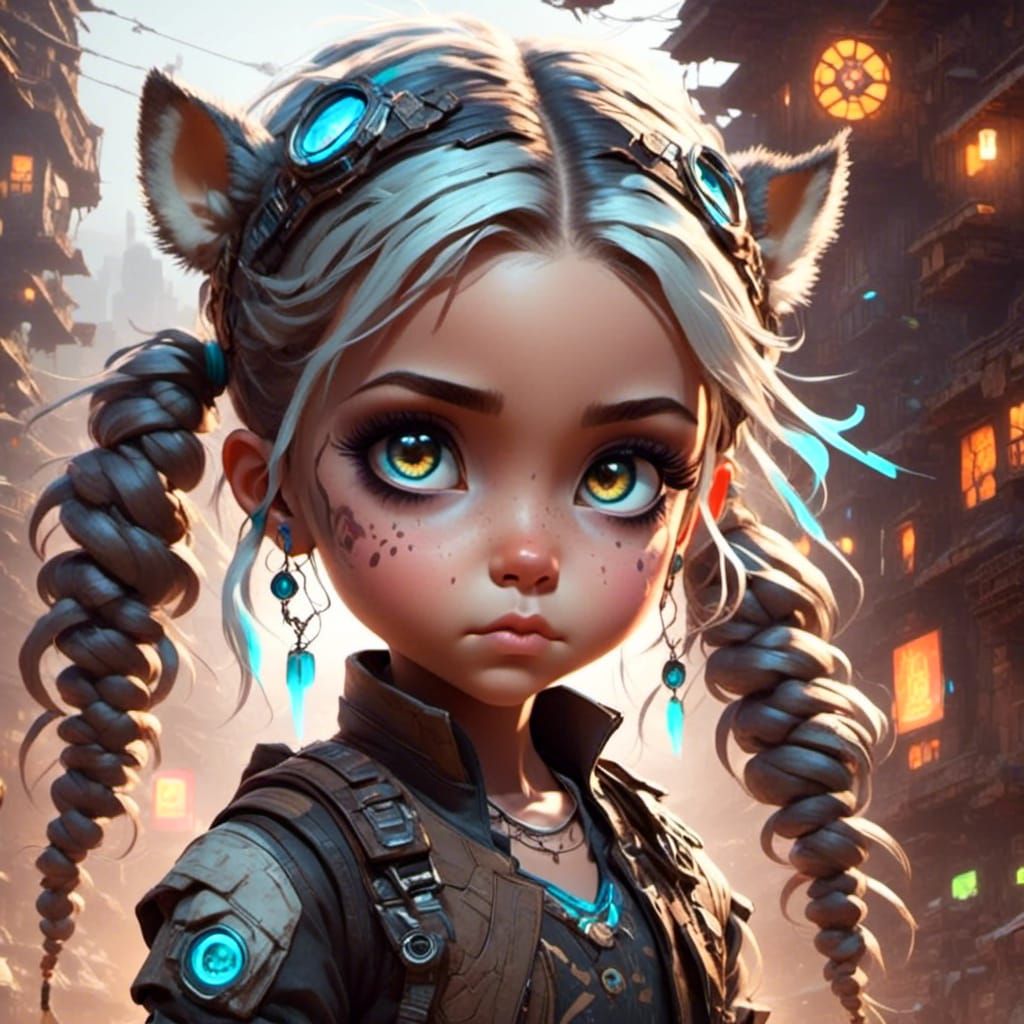 Chibi Cyberpunk Fox with Braids and Expressive Eyes