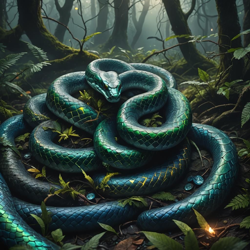 Iridescent Snake in Mystical Glowing Rune Forest