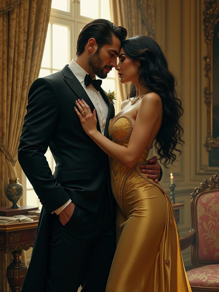 Man and Monster Woman in Opulent Lair