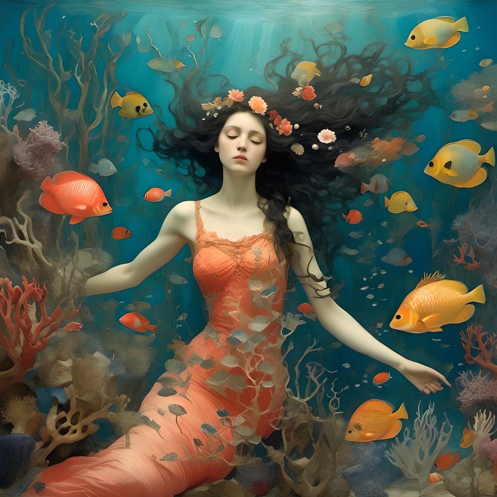 Underwater Mermaid in Colorful Coral Reef