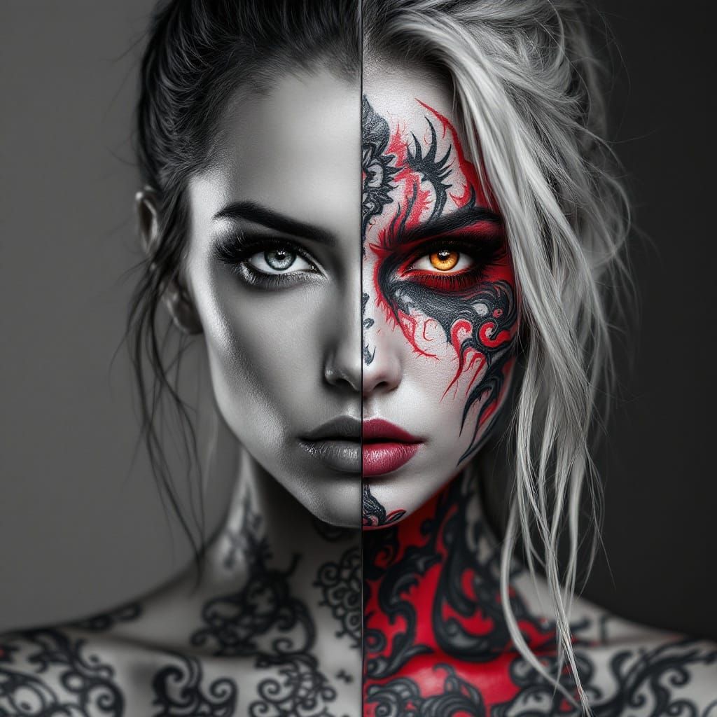 Contrasting Portrait: Grayscale Tattoos and Vivid Colors